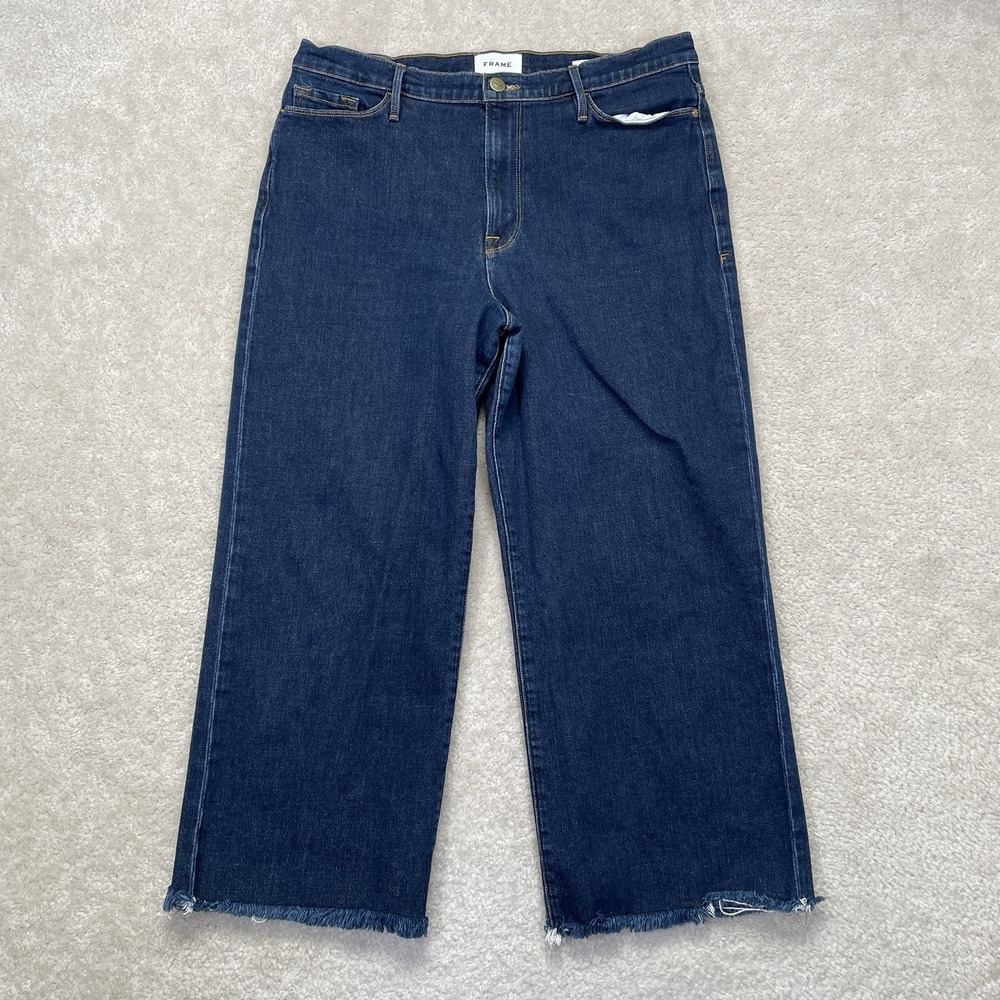 Frame Ali Wide Leg Crop Jeans Womens 32 Blue High Rise Bronx Wash Raw Hem